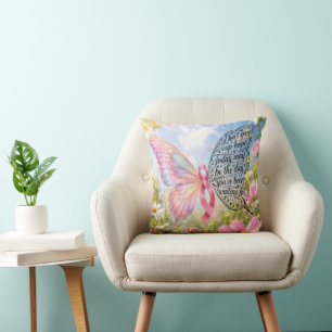 Pink Ribbon Butterfly in Summer Garden Cushion