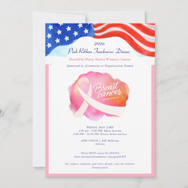 Pink Ribbon Cancer Awareness Month Flag Fundraiser Invitation (Front)
