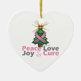Pink Ribbon Christmas Peace Love, Joy & Cure Ceramic Tree Decoration