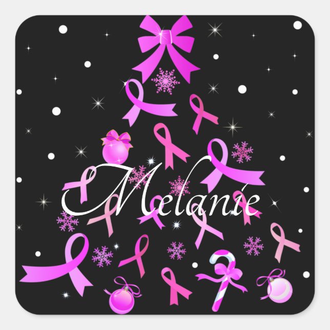 Pink Ribbon Christmas Tree Square Sticker (Front)