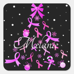 Pink Ribbon Christmas Tree Square Sticker