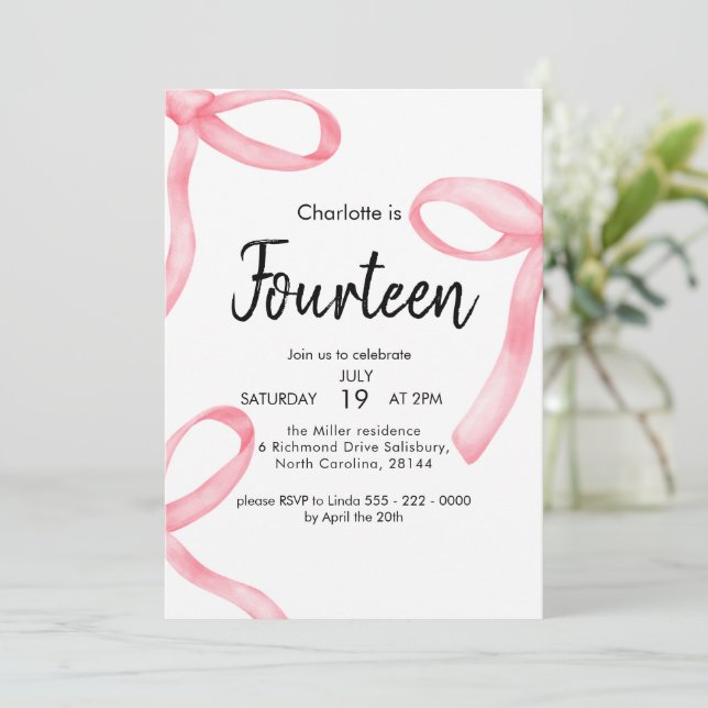Pink Ribbon Coquette Fancy Bow 14th Girl Birthday Invitation (Standing Front)