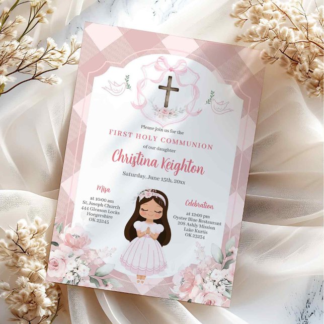 Pink Ribbon Crest Girl First Holy Communion Invitation (Creator Uploaded)