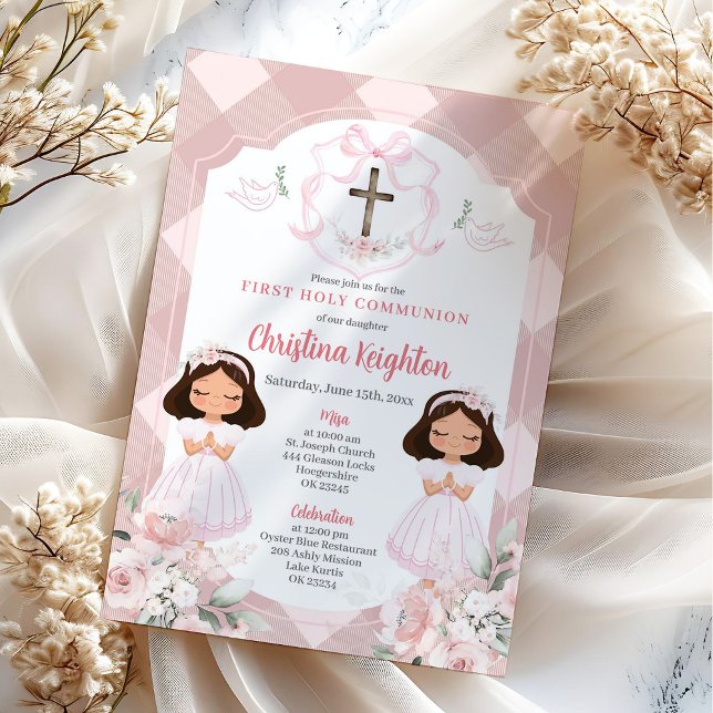 Pink Ribbon Crest Twins Girl First Holy Communion Invitation (Creator Uploaded)