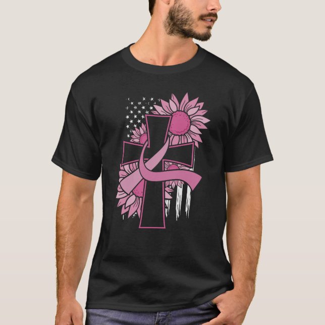 Pink Ribbon Cross Sunflower Breast Cancer Faith T-Shirt (Front)