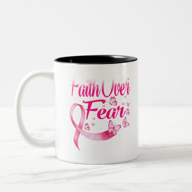 Pink Ribbon Faith Tee Breast Cancer Survivor Two-Tone Coffee Mug (Left)