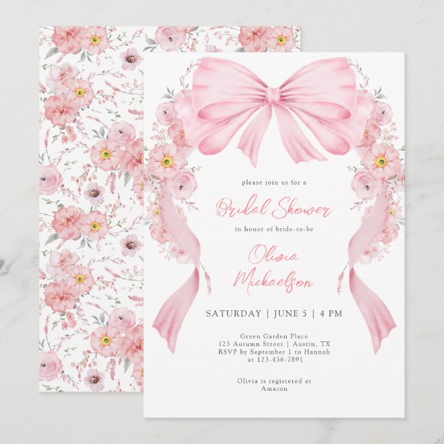 Pink Ribbon Floral Arch Bow Coquette Bridal Shower Invitation (Front/Back)