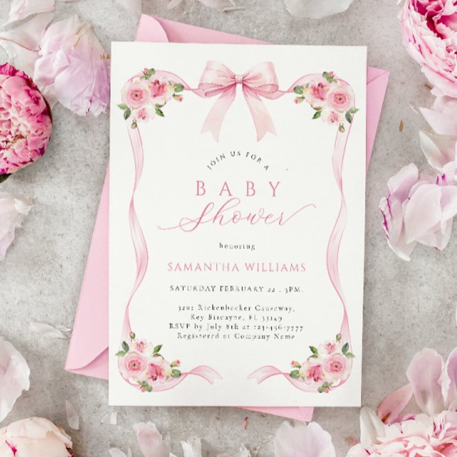 Pink Ribbon Floral Baby Shower Invitation (Creator Uploaded)