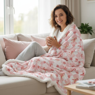Pink Ribbon & Floral Checkered Sherpa Blanket