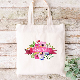 Pink Ribbon Floral Grandma Monogram Tote Bag