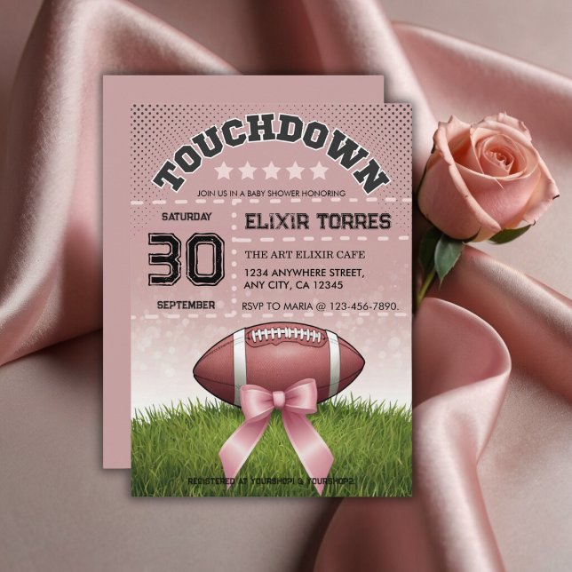 Pink  Ribbon Football Touchdown Baby Shower Invitation (Creator Uploaded)