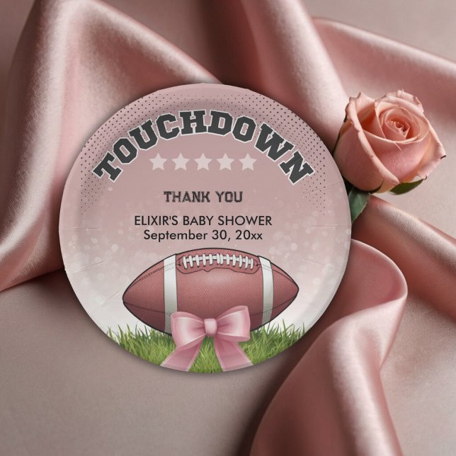 Pink  Ribbon Football Touchdown Baby Shower Paper Plate (Creator Uploaded)