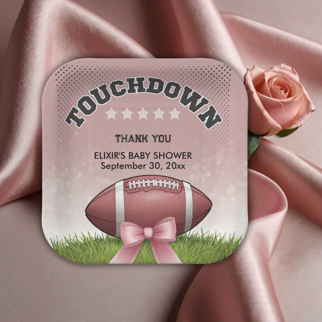 Pink  Ribbon Football Touchdown Baby Shower Paper Plate (Creator Uploaded)
