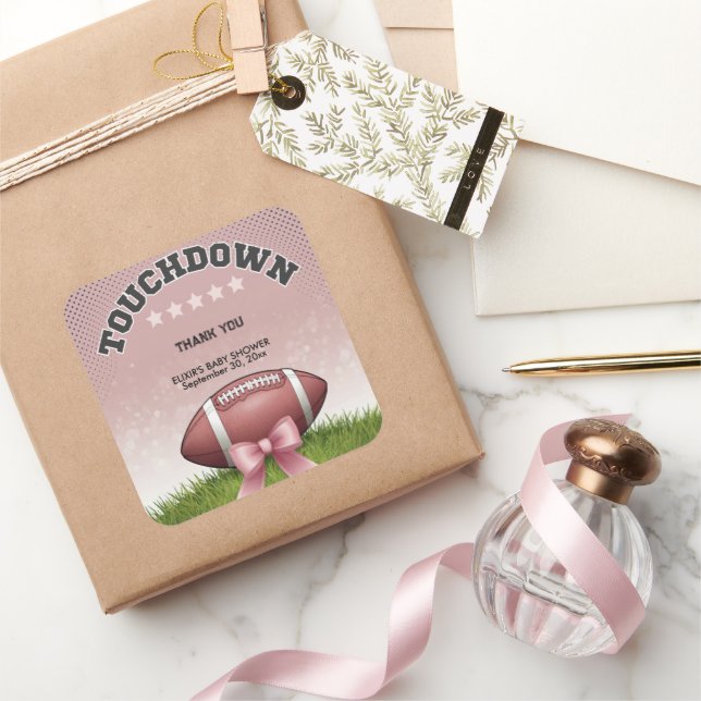 Pink  Ribbon Football Touchdown Baby Shower Square Sticker (Gifting)
