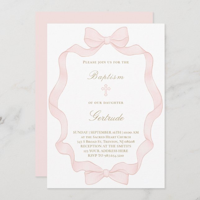  pink ribbon frame Baptism Invitation (Front/Back)