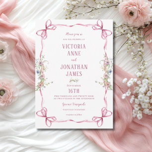 Pink Ribbon Frame Floral Whimsical Wedding  Invitation