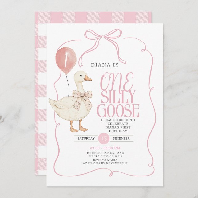 PINK Ribbon Gingham One Silly Goose Birthday  Invitation (Front/Back)