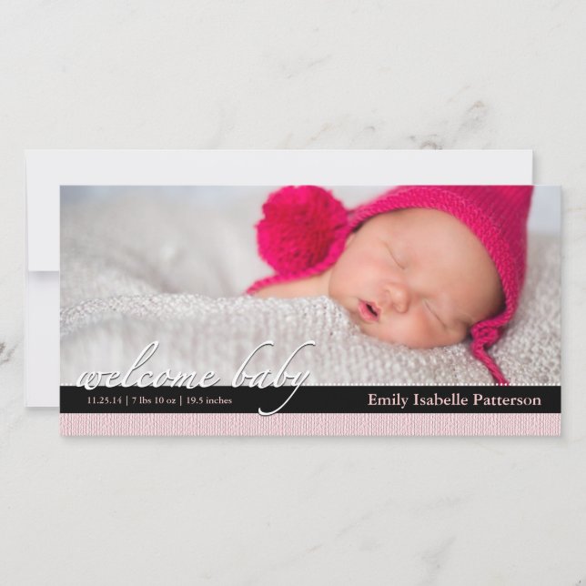 Pink Ribbon Girl Baby Birth Announcement Photocard (Front)