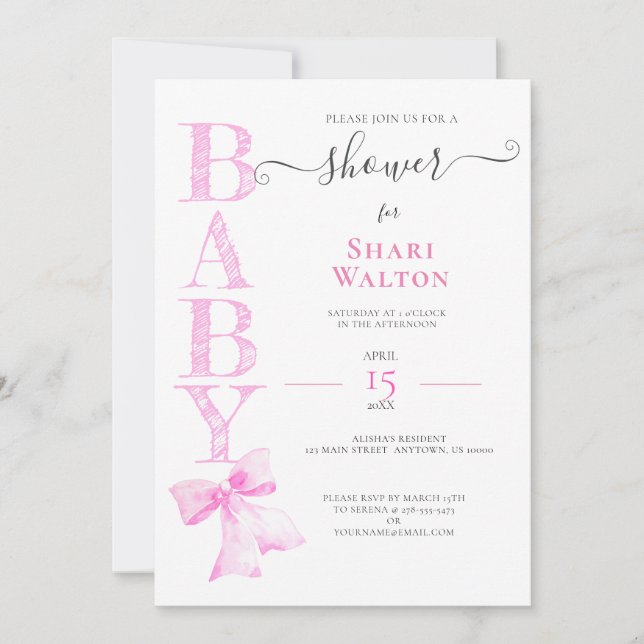 PINK RIBBON GIRL BABY SHOWER Invitation (Front)