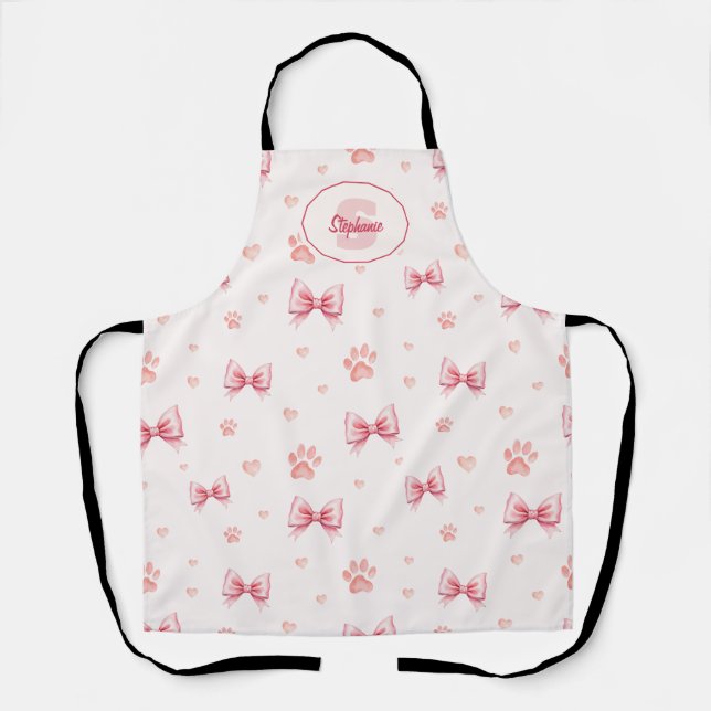 Pink Ribbon, Heart & Paw Print Pattern - Soft Pink Apron (Front)
