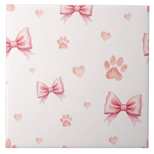 Pink Ribbon, Heart & Paw Print Pattern - Soft Pink Ceramic Tile