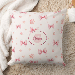 Pink Ribbon, Heart & Paw Print Pattern - Soft Pink Cushion
