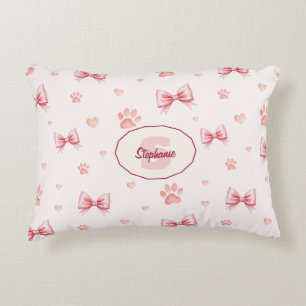 Pink Ribbon, Heart & Paw Print Pattern - Soft Pink Decorative Cushion