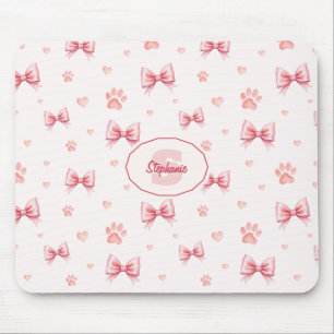 Pink Ribbon, Heart & Paw Print Pattern - Soft Pink Mouse Pad