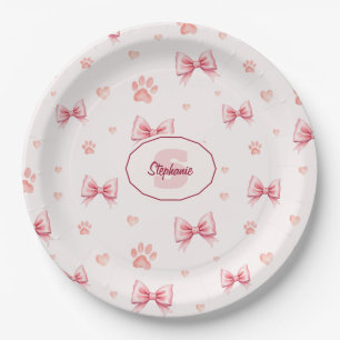 Pink Ribbon, Heart & Paw Print Pattern - Soft Pink Paper Plate