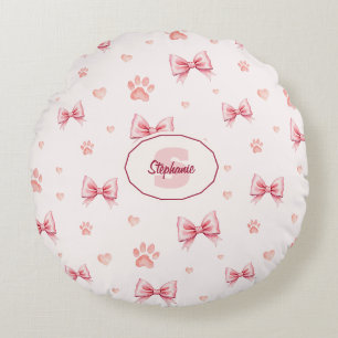 Pink Ribbon, Heart & Paw Print Pattern - Soft Pink Round Cushion