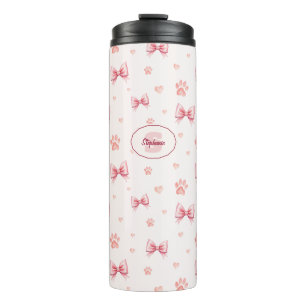 Pink Ribbon, Heart & Paw Print Pattern - Soft Pink Thermal Tumbler