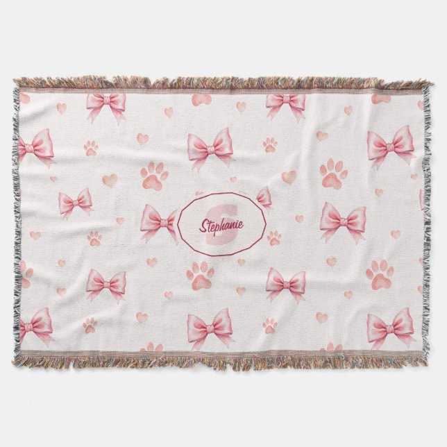 Pink Ribbon, Heart & Paw Print Pattern - Soft Pink Throw Blanket (Front)