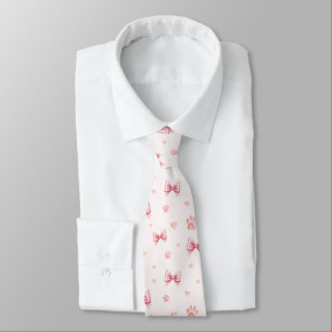 Pink Ribbon, Heart & Paw Print Pattern - Soft Pink Tie