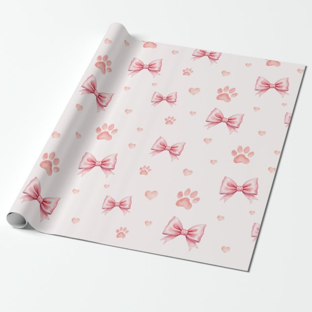 Pink Ribbon, Heart & Paw Print Pattern - Soft Pink Wrapping Paper (Unrolled)