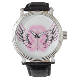 Pink Ribbon Heart Wings Watch/black Watch