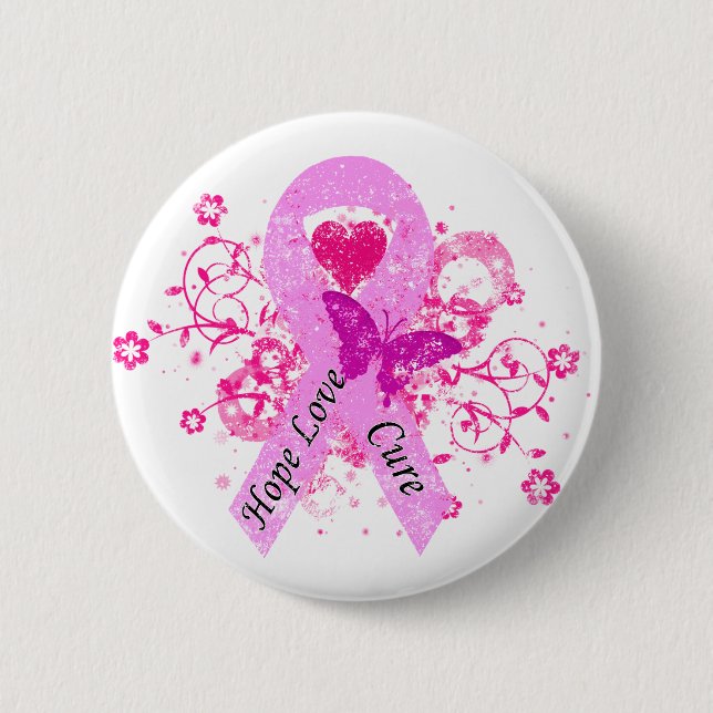 Pink Ribbon Hope Love Cure 6 Cm Round Badge (Front)