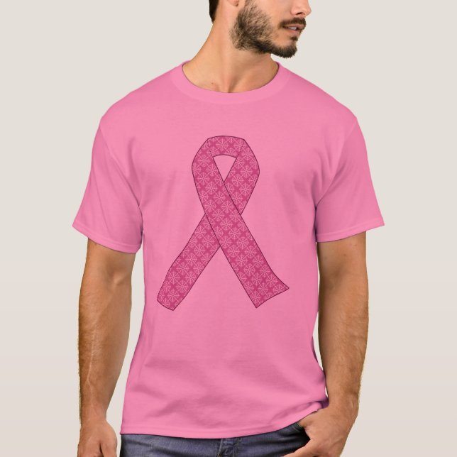 Pink Ribbon in Damask Pattern T-Shirt (Front)