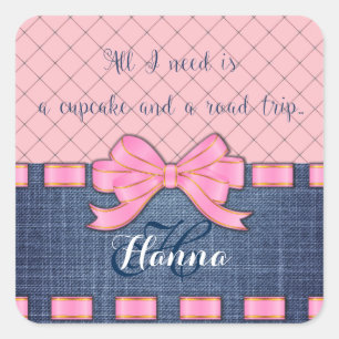 Pink Ribbon, Jeans Fabric, Pink Pattern Saying Square Sticker