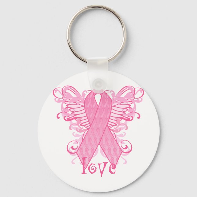 Pink Ribbon Love Wings Key Ring (Front)