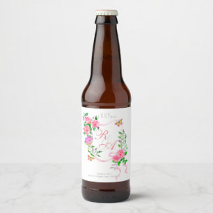 Pink Ribbon Monogram Wedding Beer Bottle Label
