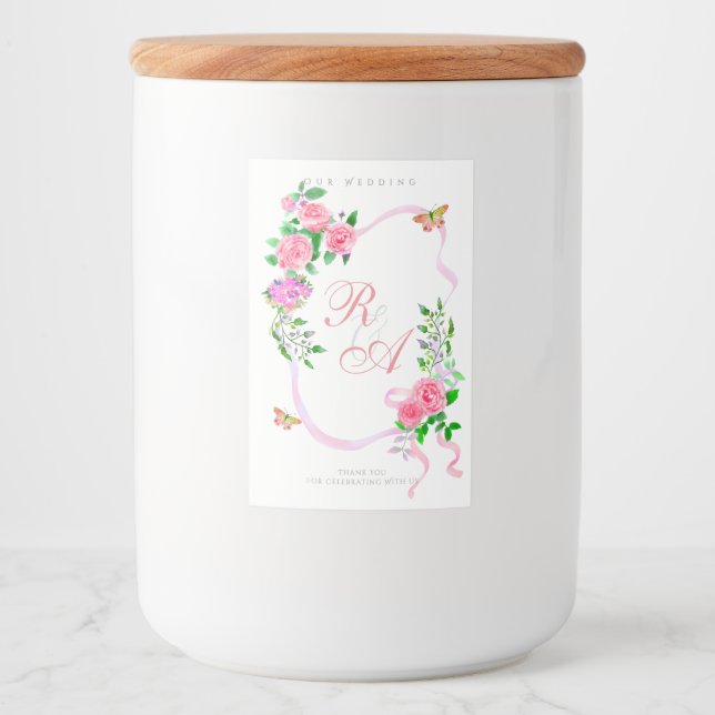 Pink Ribbon Monogram Wedding  Food Label (Front)