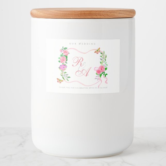 Pink Ribbon Monogram Wedding  Food Label (Front)