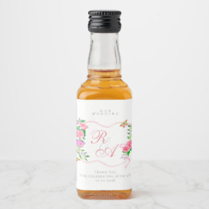 Pink Ribbon Monogram Wedding Liquor Bottle Label