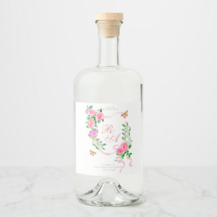 Pink Ribbon Monogram Wedding Liquor Bottle Label