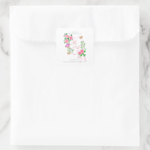 Pink Ribbon Monogram Wedding Square Sticker
