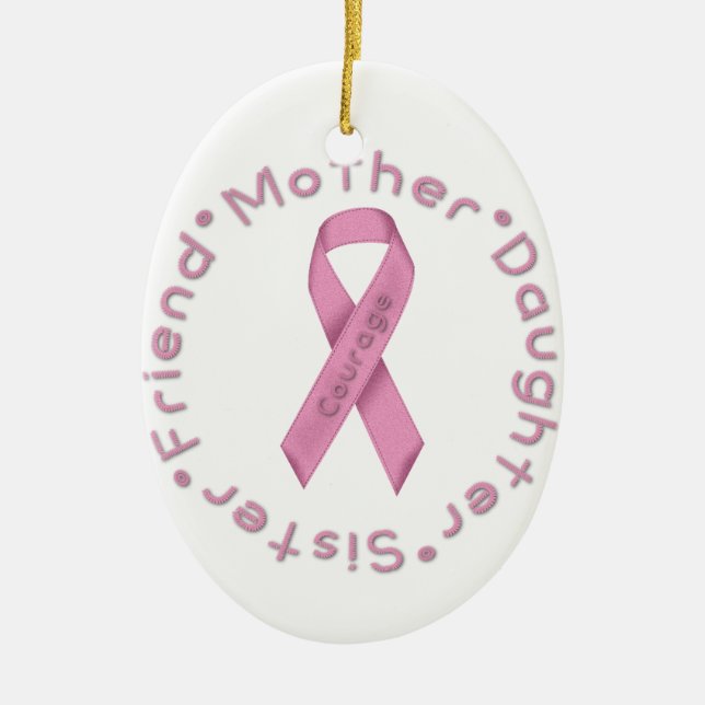 Pink Ribbon of Courage Ceramic Tree Decoration (Front)