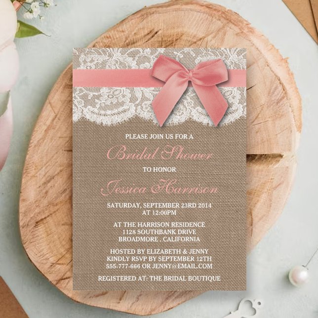 Pink Ribbon On Burlap & Lace Bridal Shower Invitation (Creator Uploaded)