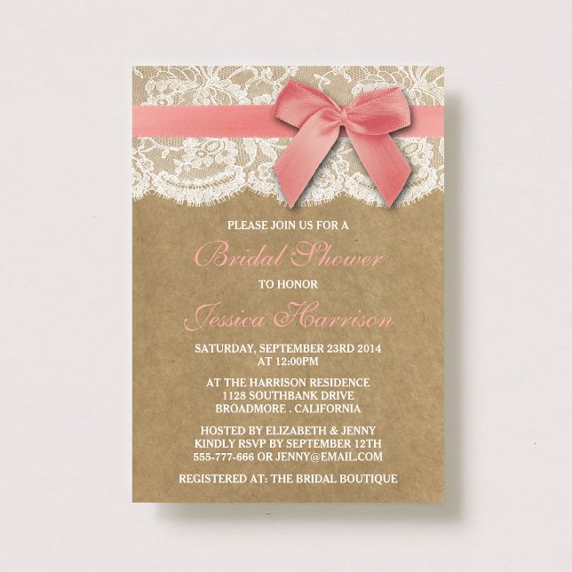 Pink Ribbon On Kraft & Lace Bridal Shower Invitation (Creator Uploaded)