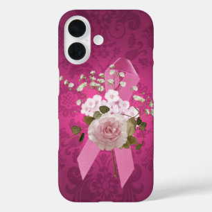 Pink Ribbon on Magenta Damask iPhone 16 Case