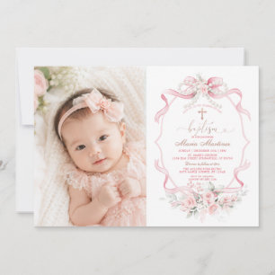 Pink Ribbon Pearl Floral Christening Baptism Photo Invitation